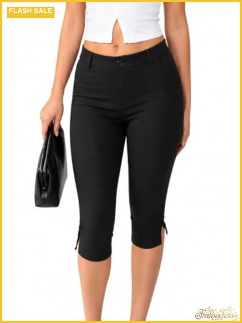 Skinny Capri Pants Stretch Side Slit Hem Cropped Work Trousers